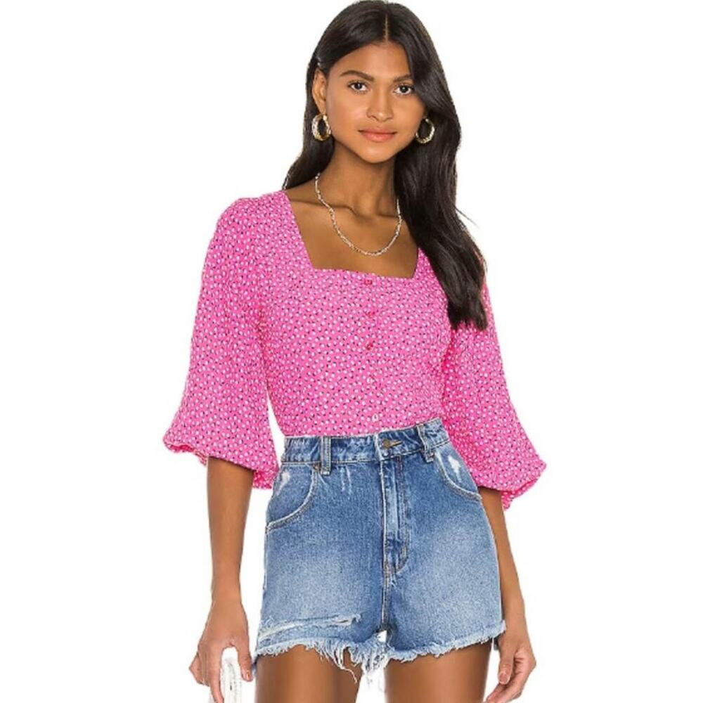 ROLLA'S Roxanne Mini Tulips Blouse pink cropped button front 3216